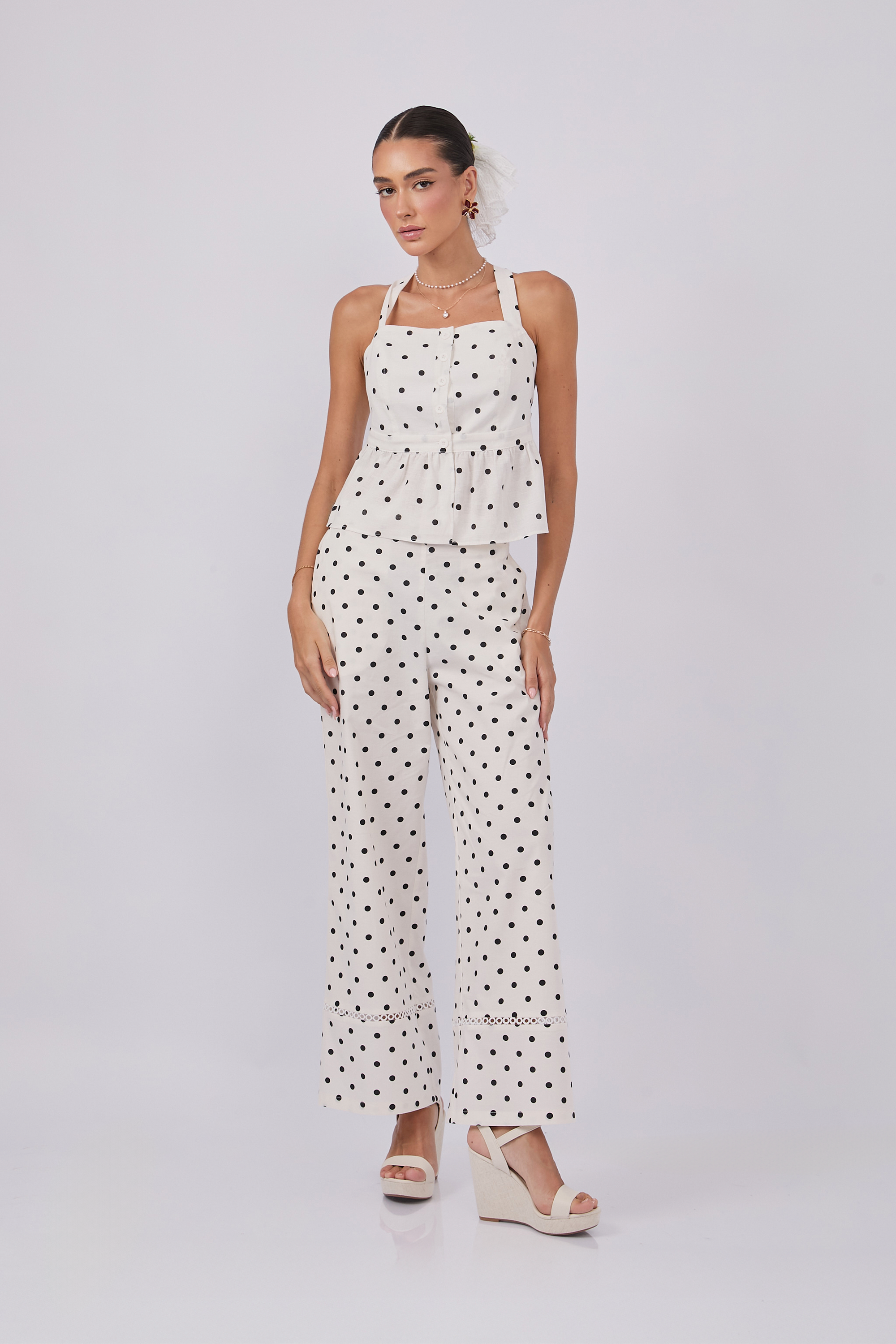 PANTALÓN PALAZZO DE ALGODÓN PERLA PUNTOS NEGRO - PITAHAIIA