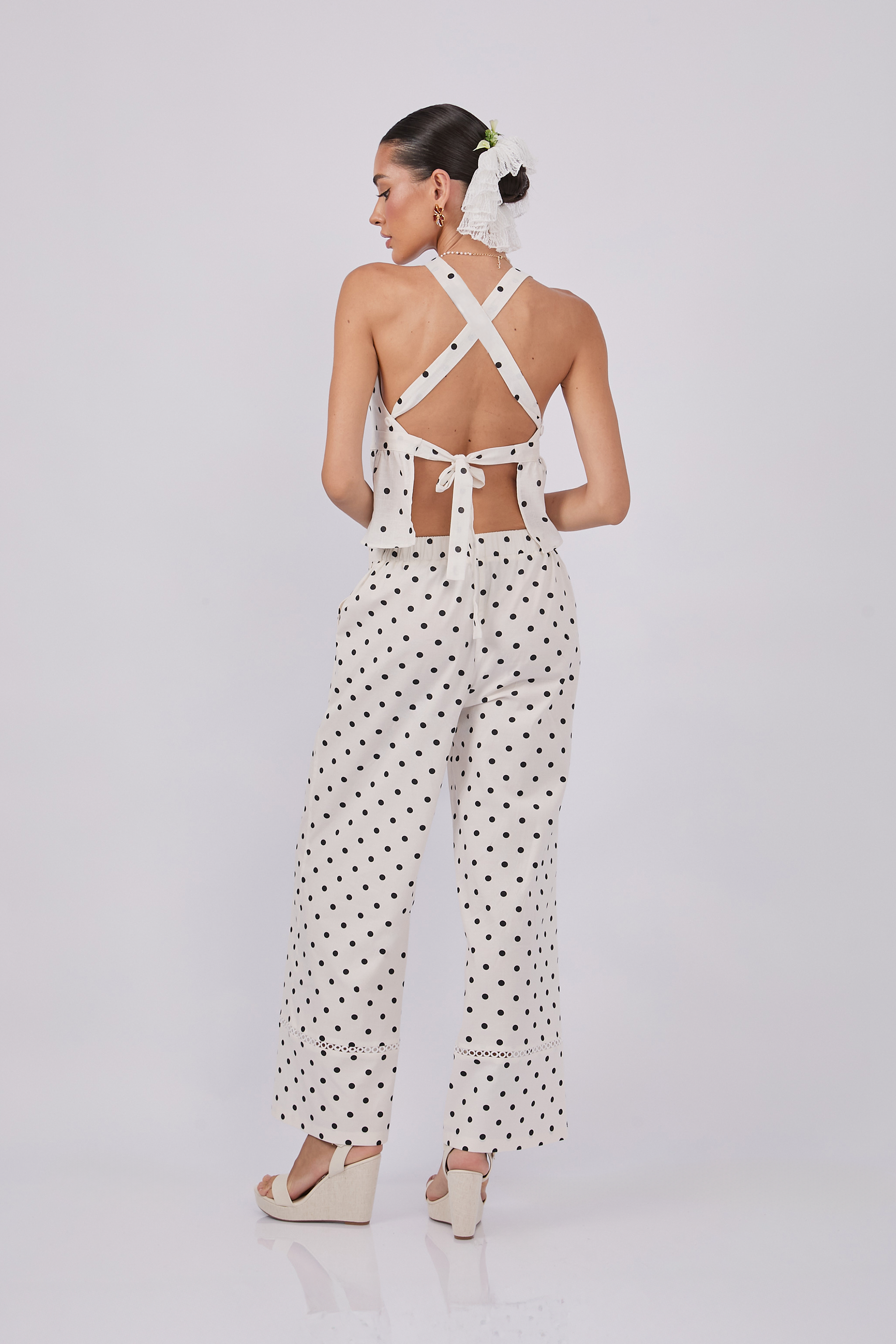 PANTALÓN PALAZZO DE ALGODÓN PERLA PUNTOS NEGRO - PITAHAIIA