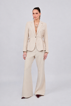 Sienna blazer with lapel and waist tie, beige.