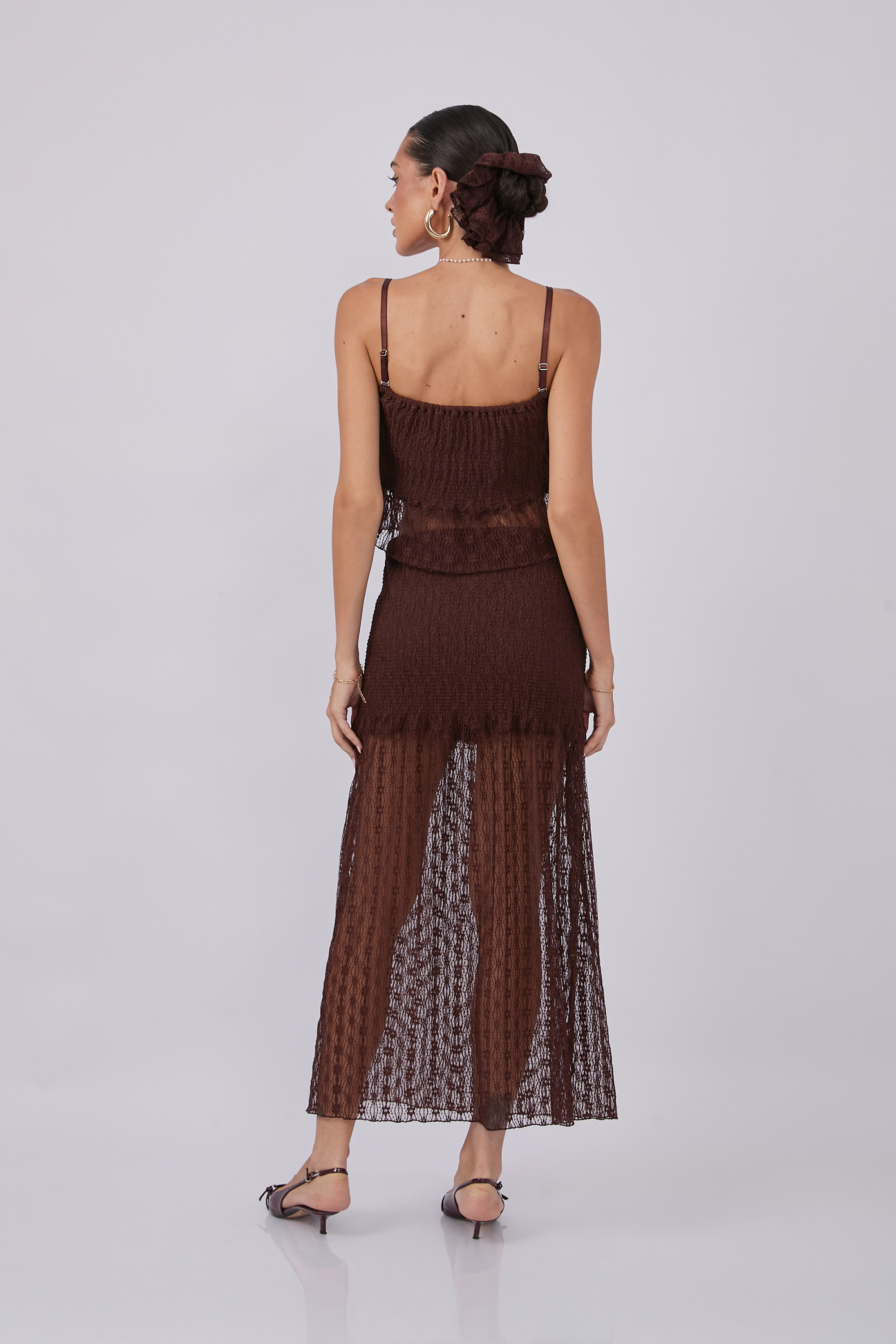 FALDA DE ENCAJE CON ELÁSTICO EN LA CINTURA MARRÓN - CACCAÖ