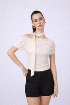 TOP EN TULL CON CHALINA EXTRA PERLA -  LUNA