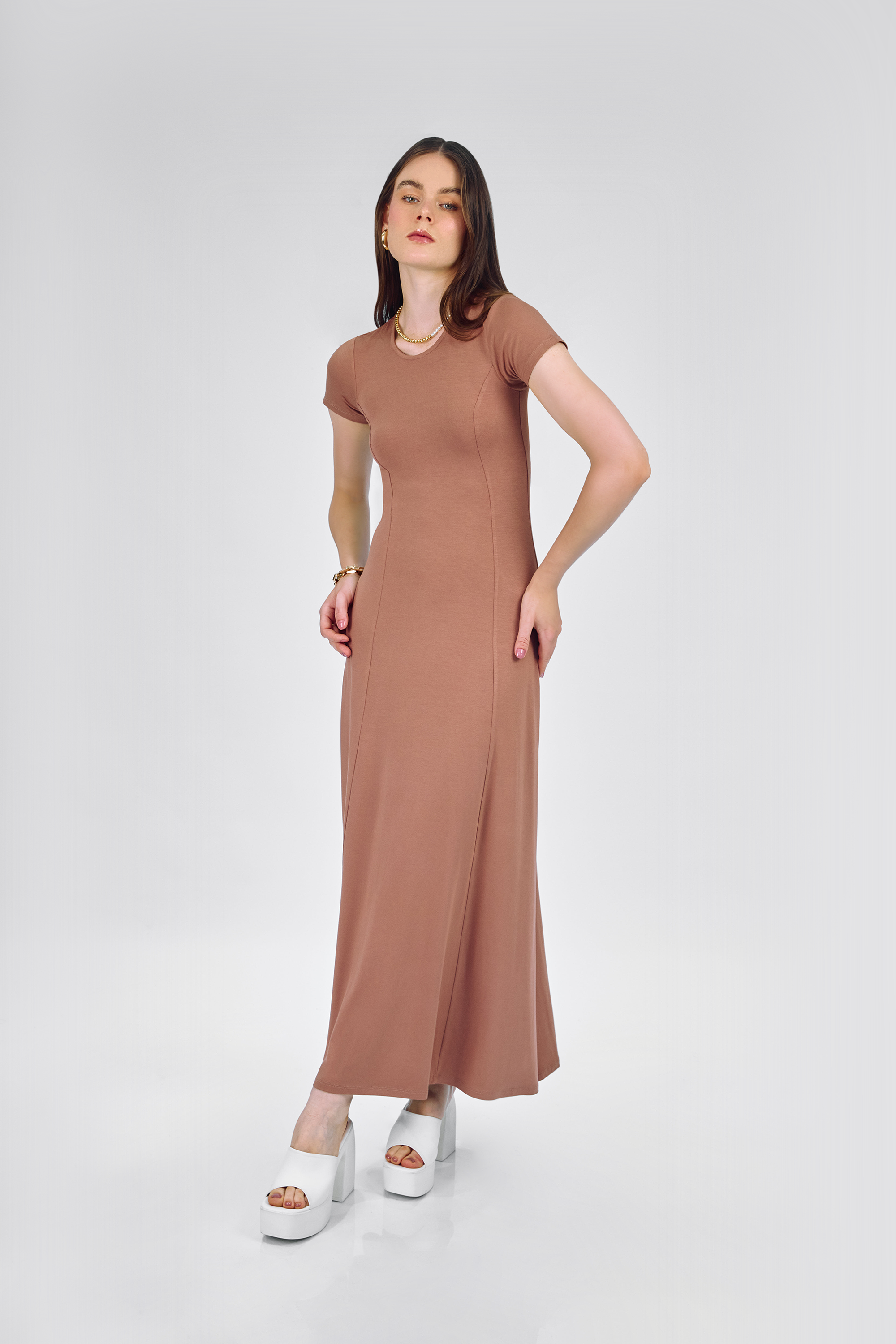 VESTIDO LARGO CUELLO REDONDO TOPO - VIVIANNE