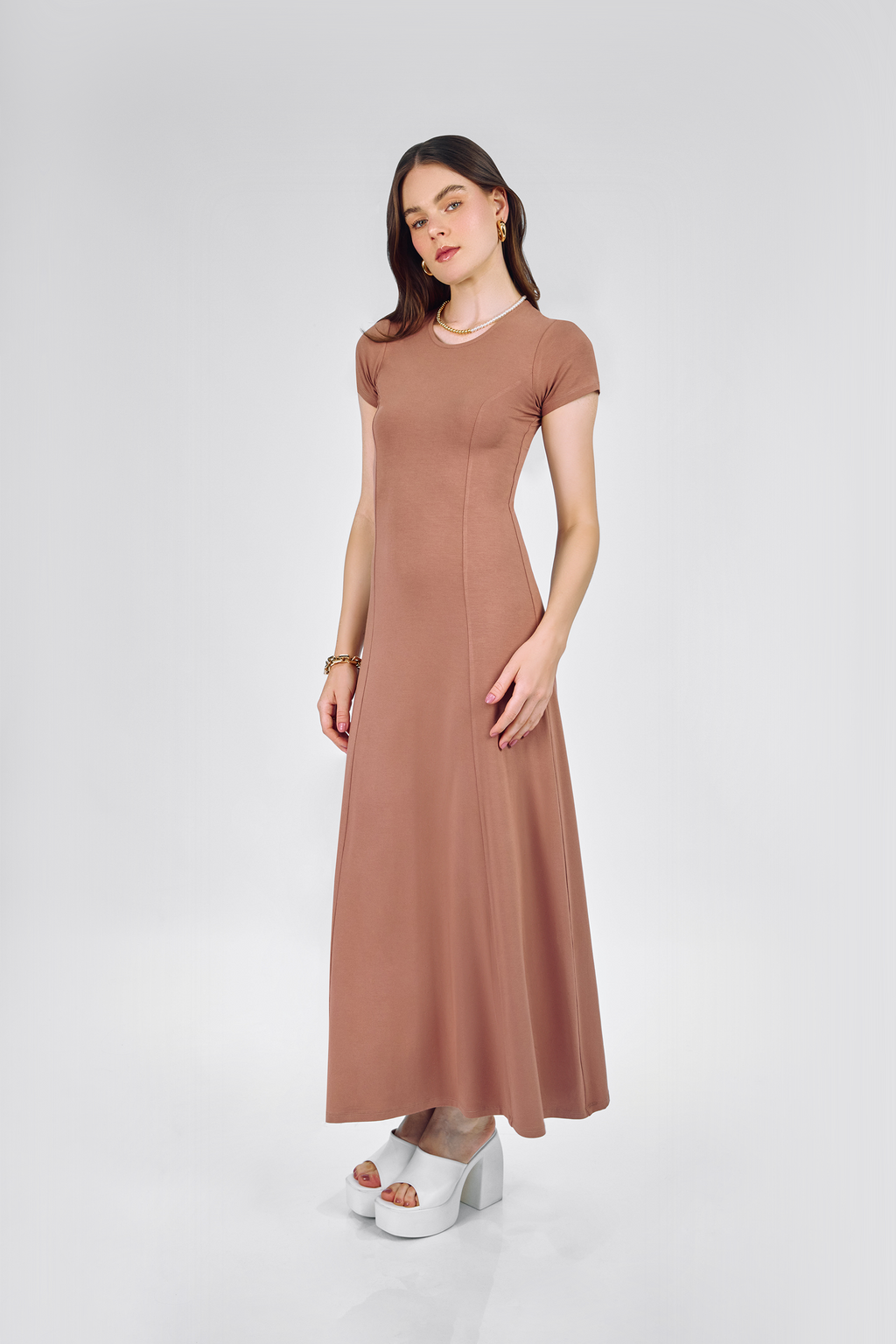 VESTIDO LARGO CUELLO REDONDO TOPO - VIVIANNE