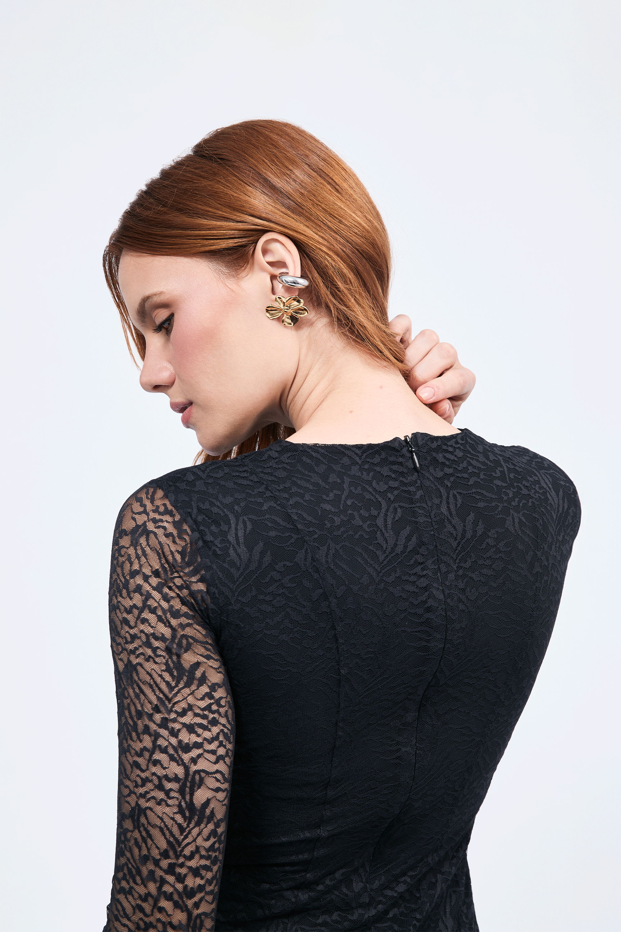 Vestido manga larga de encaje con forro negro - Aura