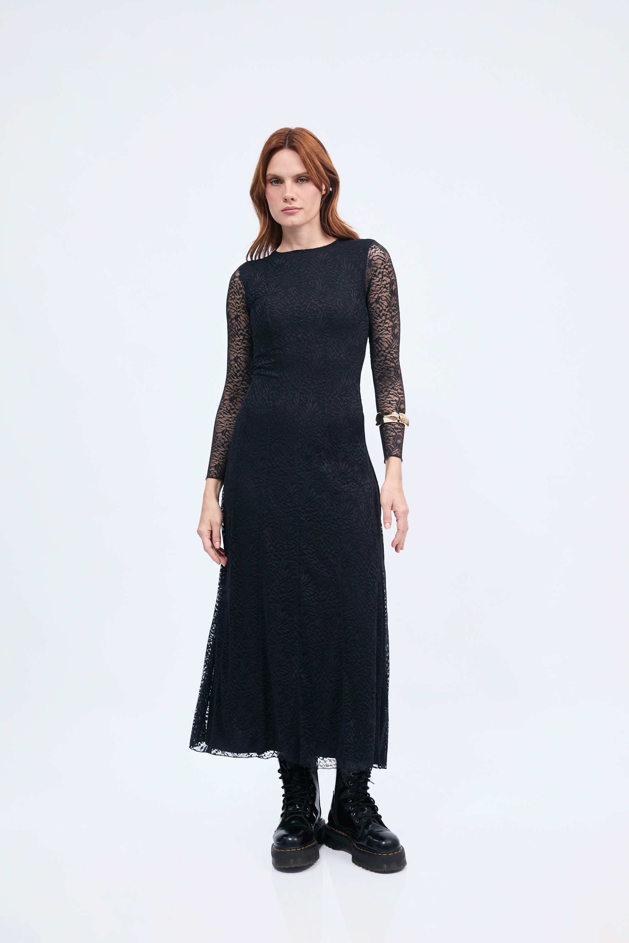 Vestido manga larga de encaje con forro negro - Aura