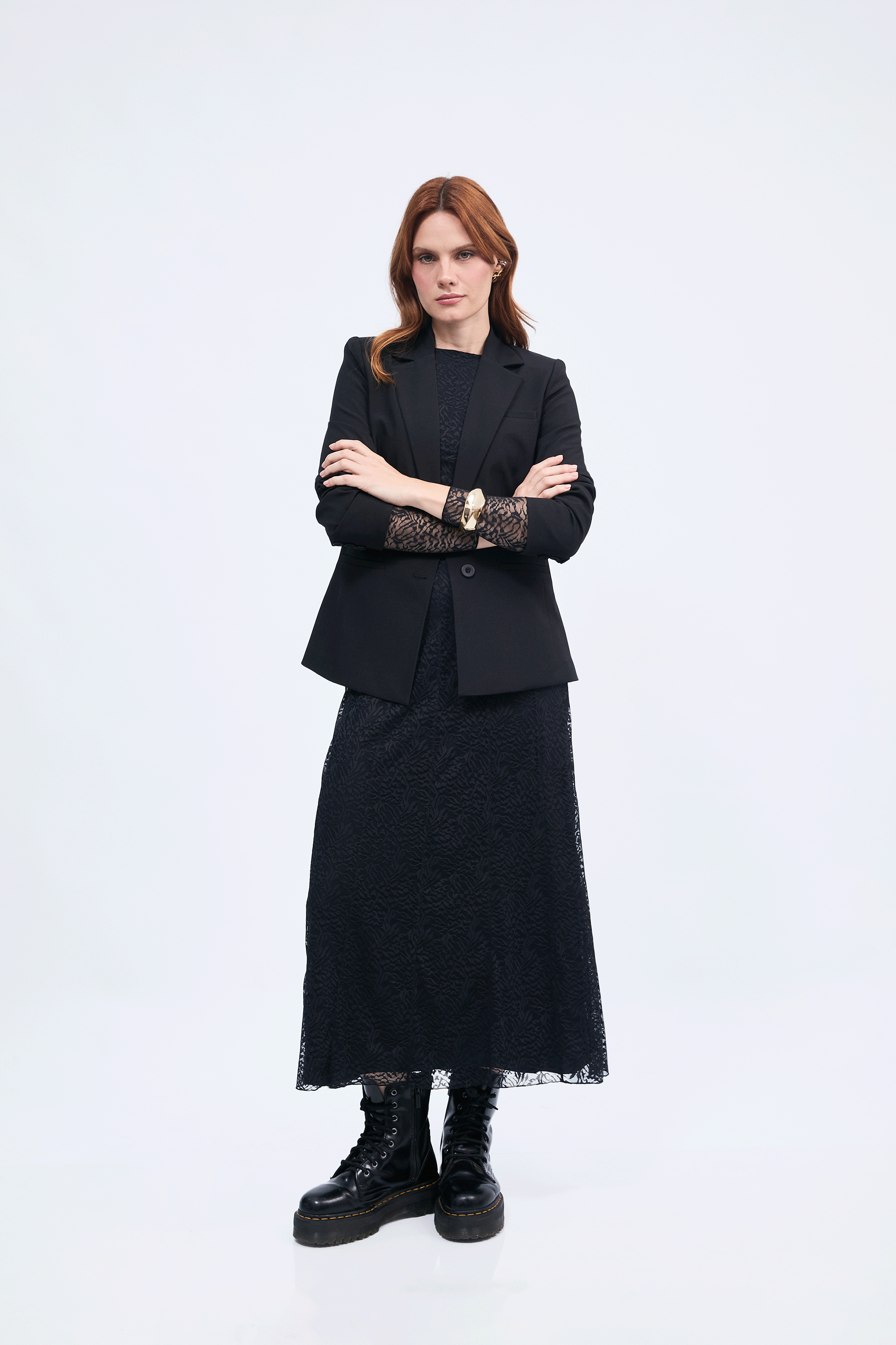 Vestido manga larga de encaje con forro negro - Aura