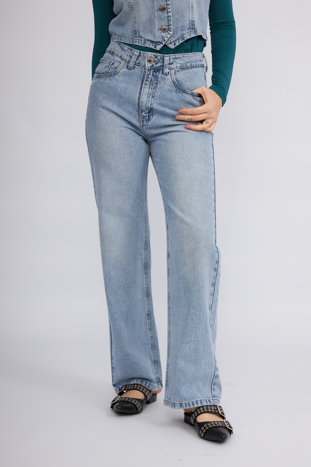 Palazzo Denim a la cintura con bolsillos Celeste Day